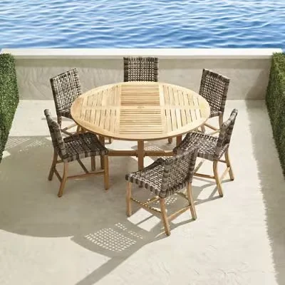 Isola 7-Pc. Round Dining Set In Natural Teak & Driftwood Wicker