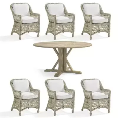 Hampton 7-Pc. Round Dining Set In Ivory Wicker